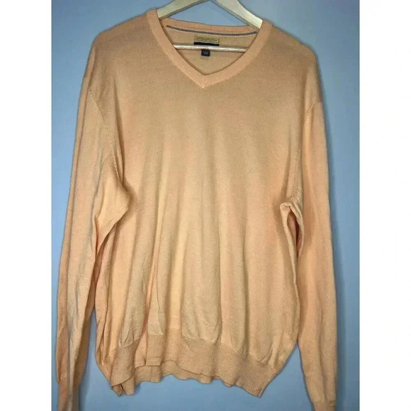 Club Room Men Sweater Sz Large Supima Cotton Preppy V Neck Coral Orange Pullover - Picture 2 of 7